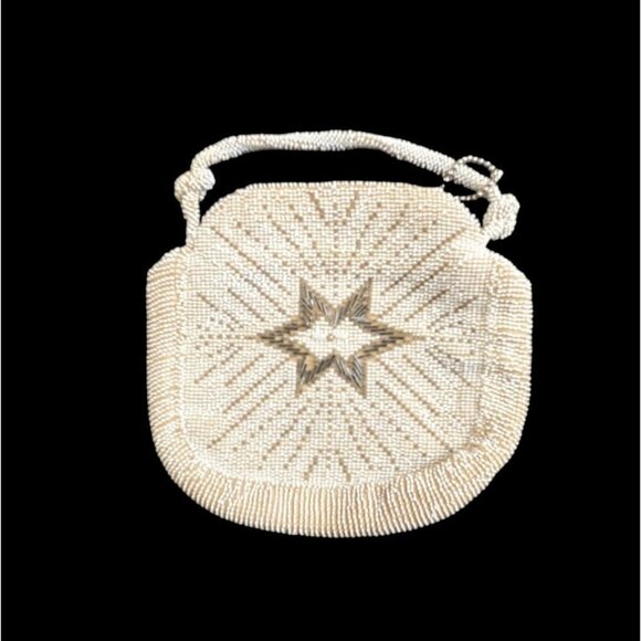 Beaded round handbag 1920's to 1930's Star burst cream - Picture 1 of 8